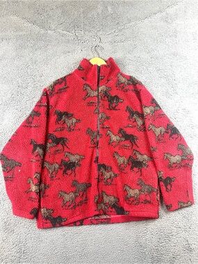 Rod's Western Palace Red Horse Print Sherpa Fleece Full Zip Jacket Womens XL USA